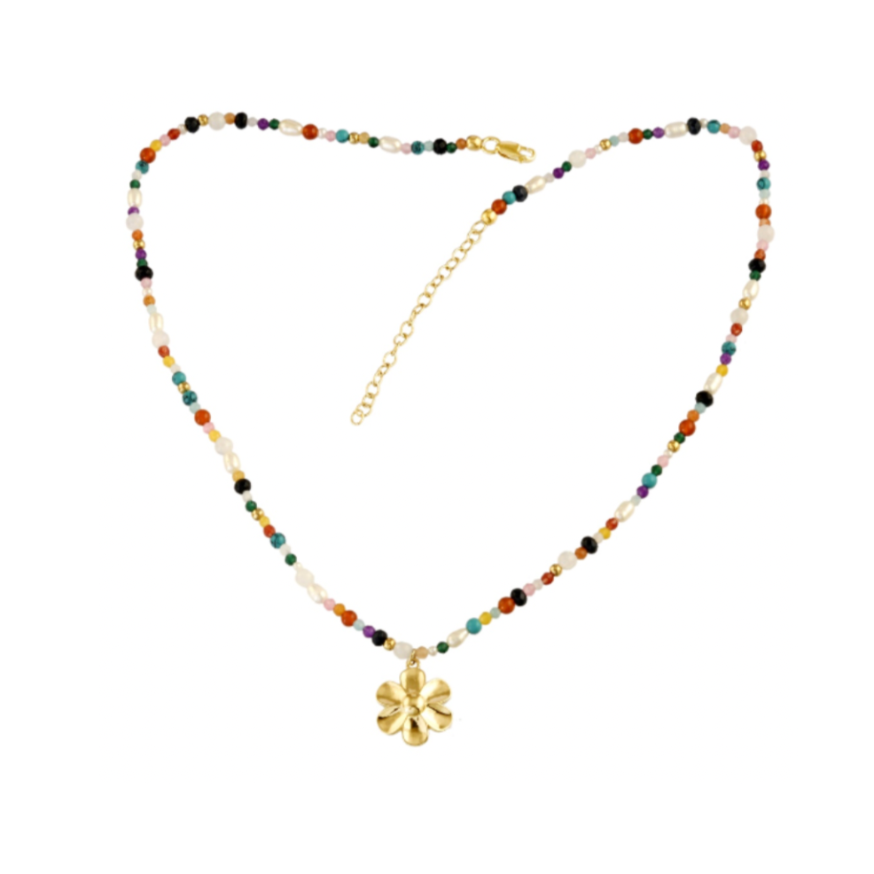 Flower Bead & Pearl Necklace