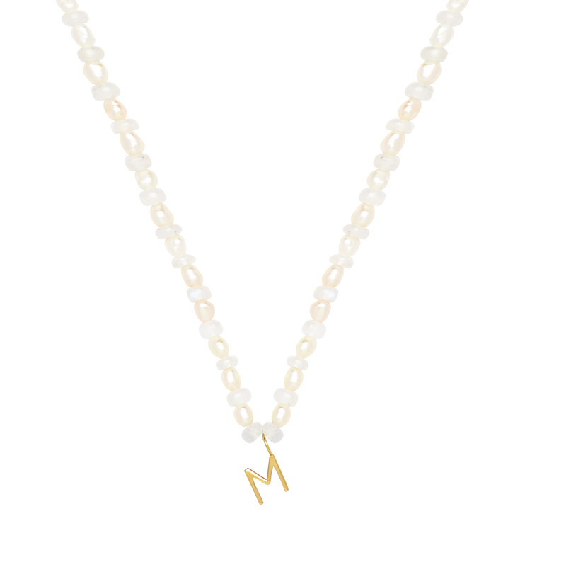 Pearl & Moonstone Initial Necklace- GOLD
