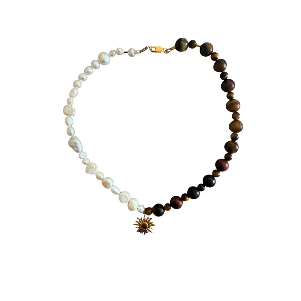 Pearl & Tigers eye sun pendant necklace