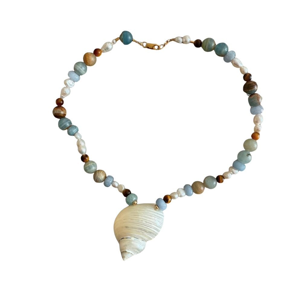 Mixed blue beaded shell pendant necklace