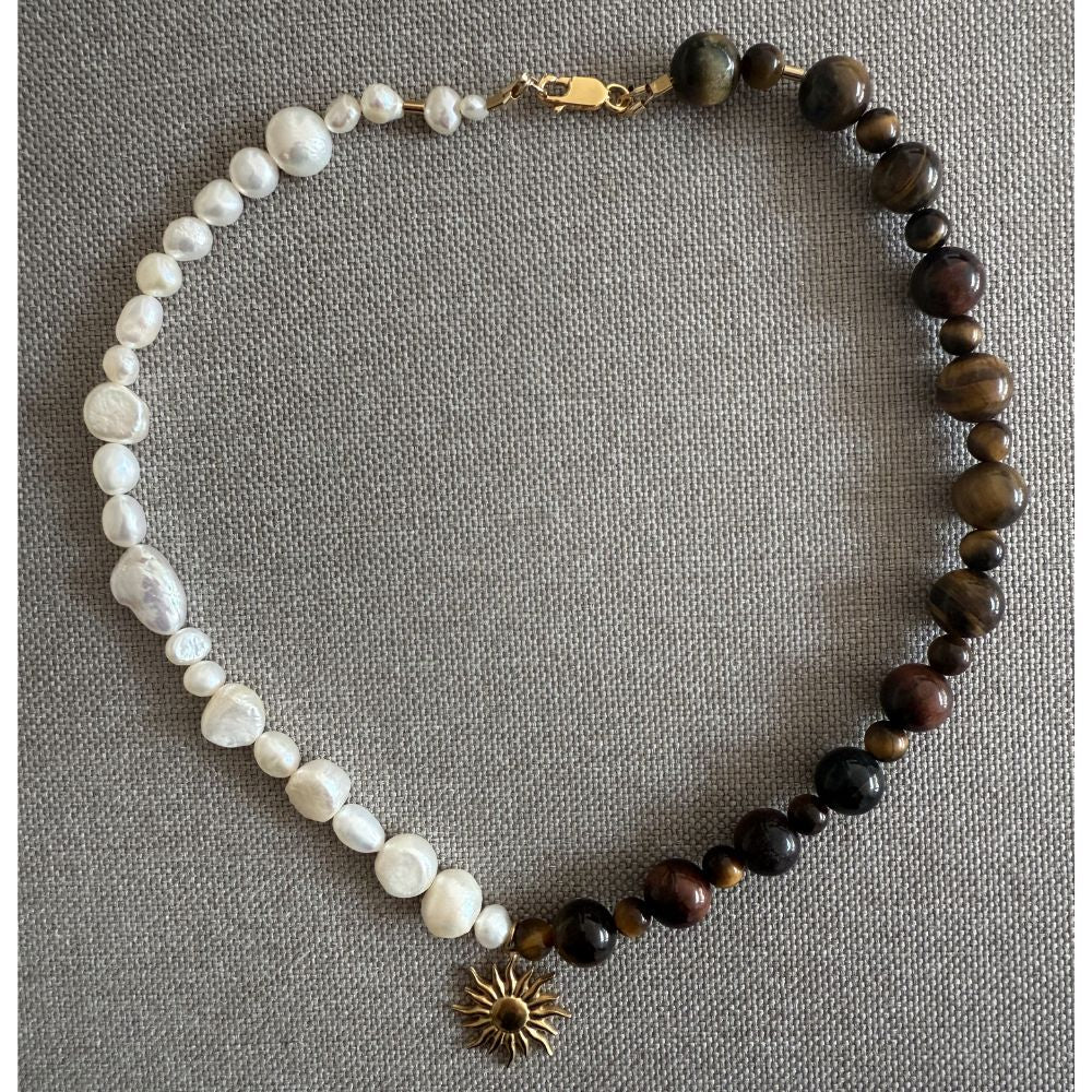 Pearl & Tigers eye sun pendant necklace