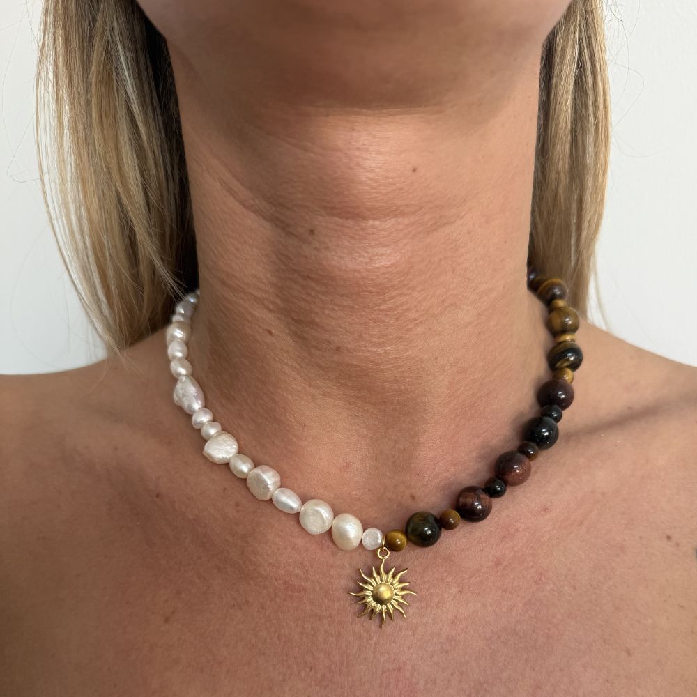 Pearl & Tigers eye sun pendant necklace