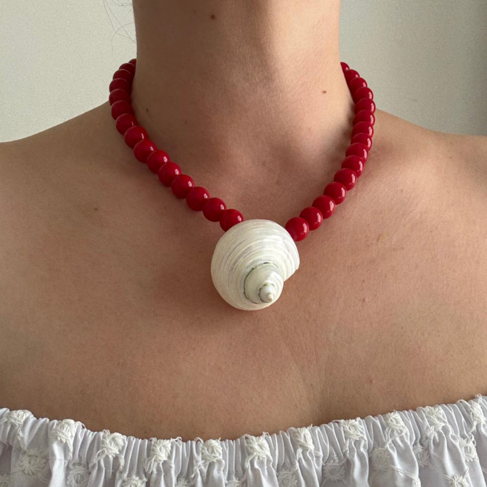 Red Beaded Shell Necklace