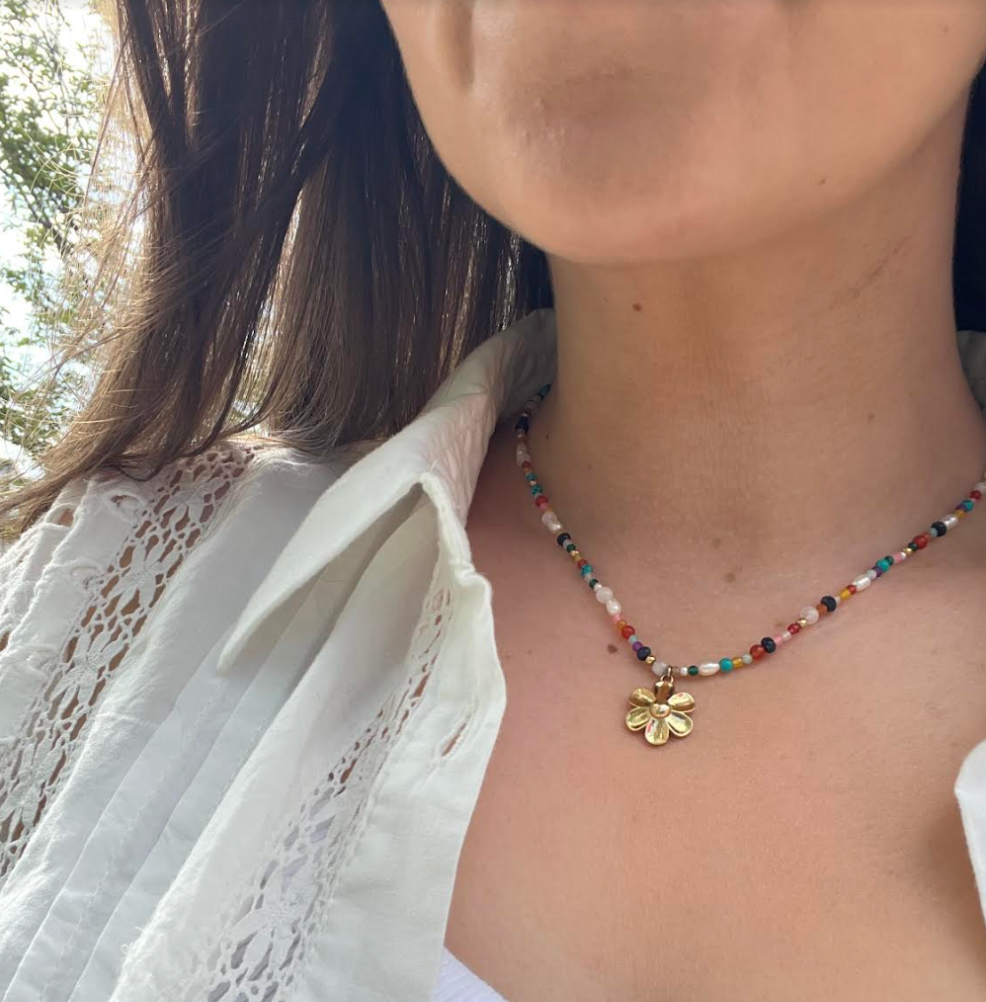 Flower Bead & Pearl Necklace
