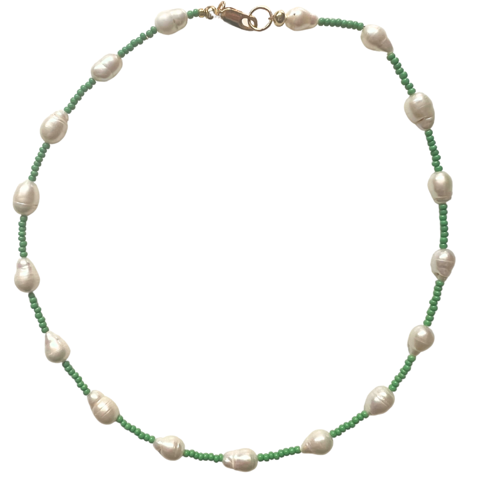 Mindi Pearl & Green Beaded Necklace