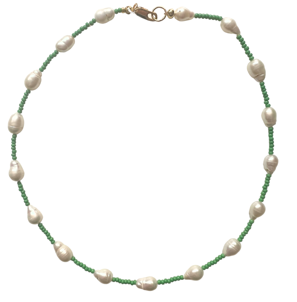 Mindi Pearl & Green Beaded Necklace