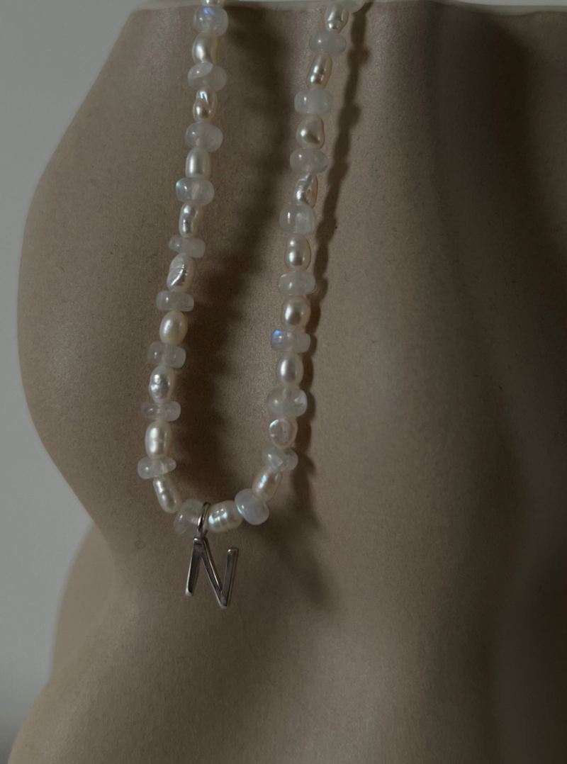 Pearl & Moonstone Initial Necklace- SILVER