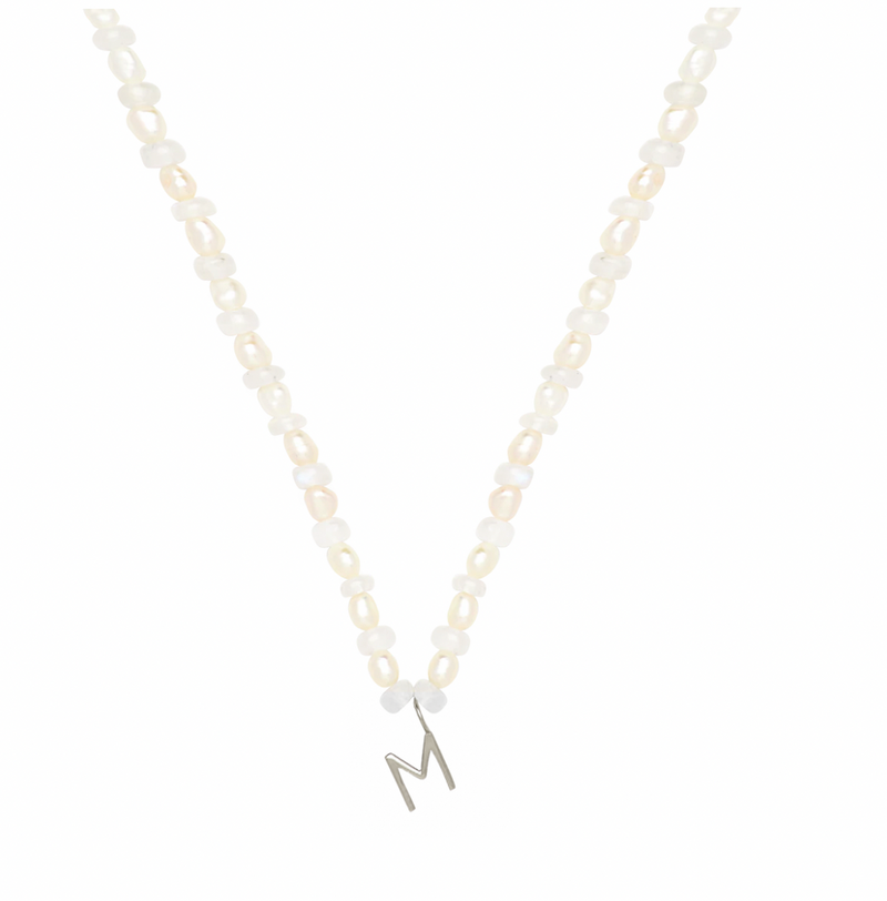 Pearl & Moonstone Initial Necklace- SILVER